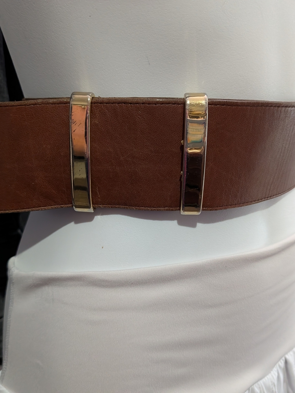 Wide Brown Leather Stretch Belt with Gold Accents